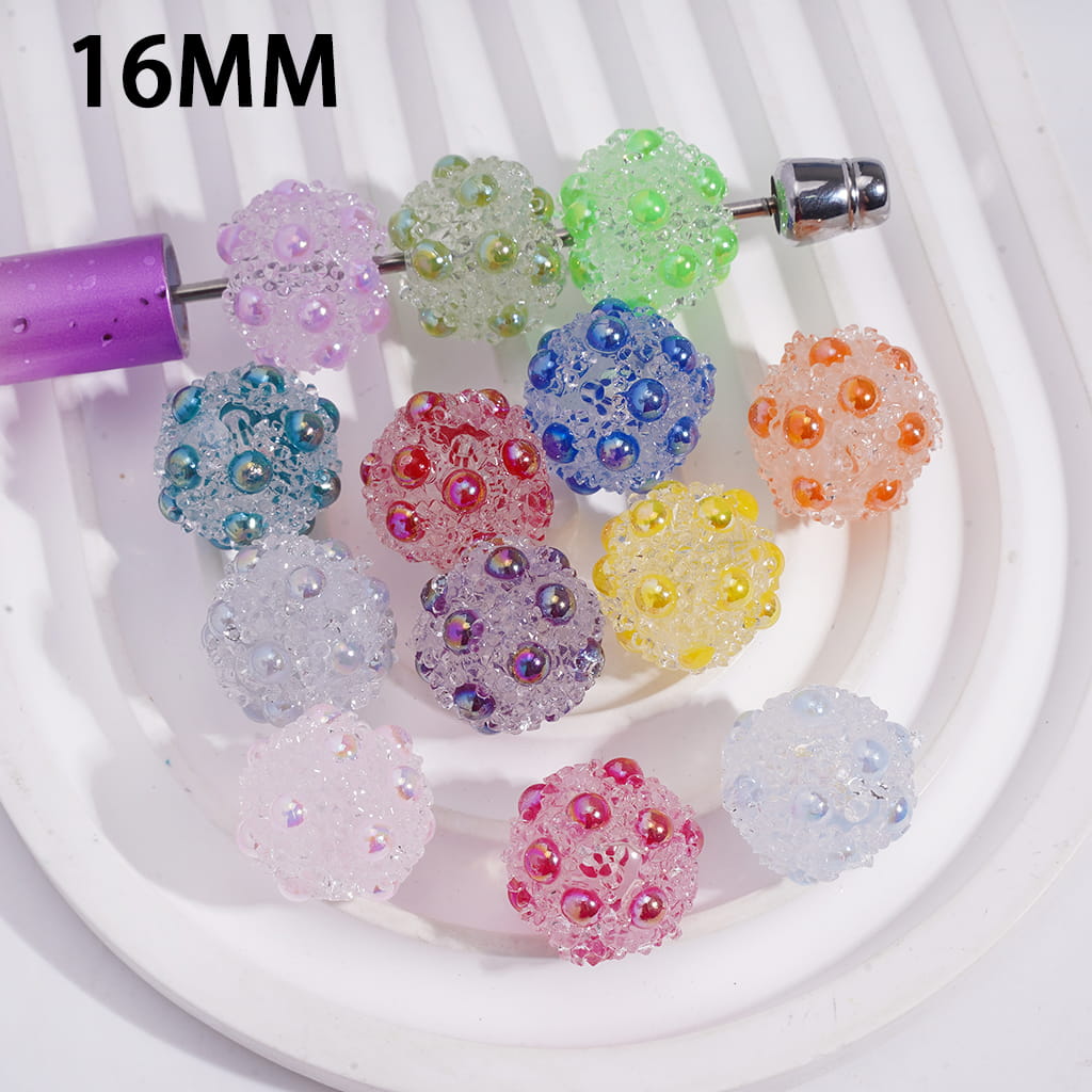 UV Coated Sugar Acrylic Beads with Clear Rhinestones & Multi-Color Flatback Pearls 16MM Random Mix