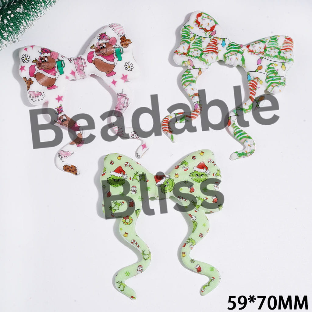 Printed PVC Soft Rubber Beads, Bowknot with Long Ribbon & Christmas Green Character Mouse Gnome Patterns, 59*70MM, Random Mix