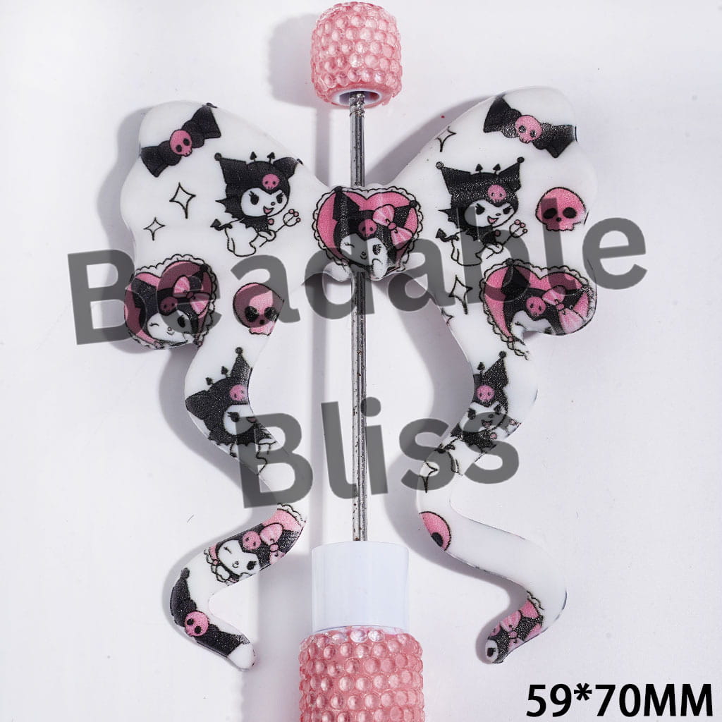 Printed PVC Soft Rubber Beads, Bowknot with Long Ribbon & Skull Evil Girl Characters Patterns, 59*70MM, Random Mix