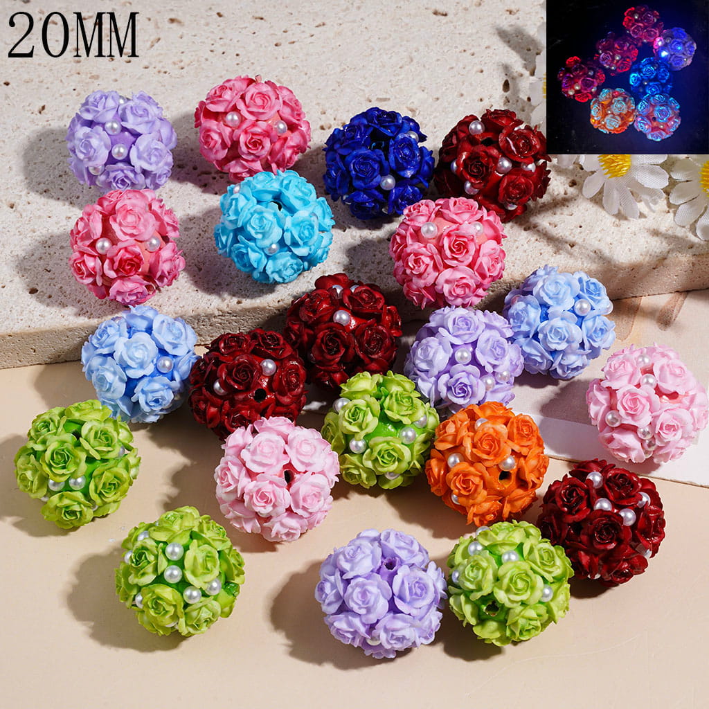Luminous Colorful Rose Flower Round Acrylic Beads with White Pearls, 20MM, Random Mix