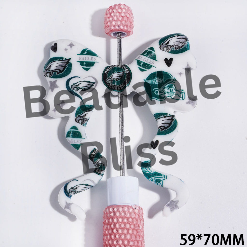 Printed PVC Soft Rubber Beads, Bowknot with Long Ribbon & American Football Eagle Patterns, 59*70MM, Random Mix