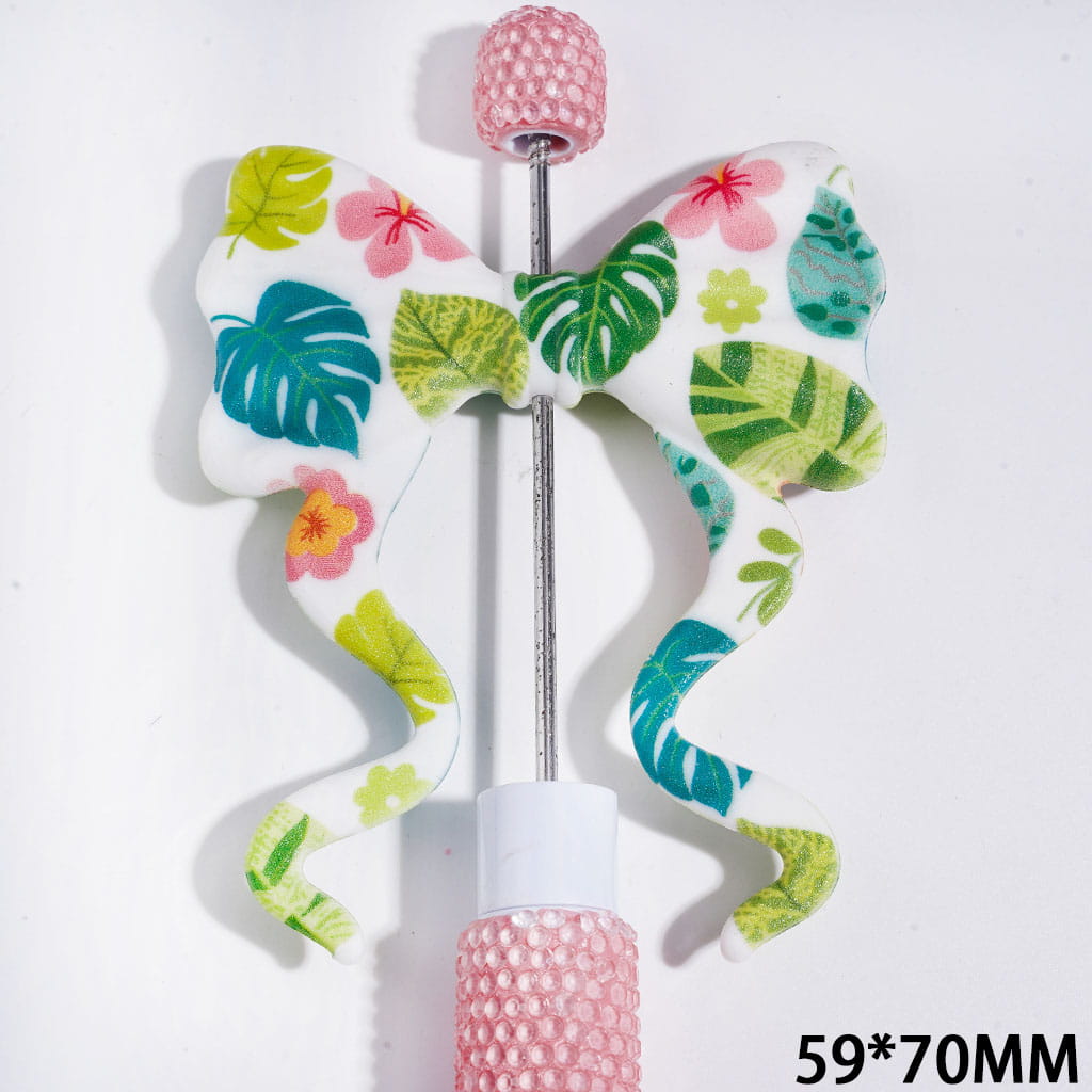 Printed PVC Soft Rubber Beads, Bowknot with Long Ribbon & Monstera Leaf Flower Patterns, 59*70MM, Random Mix