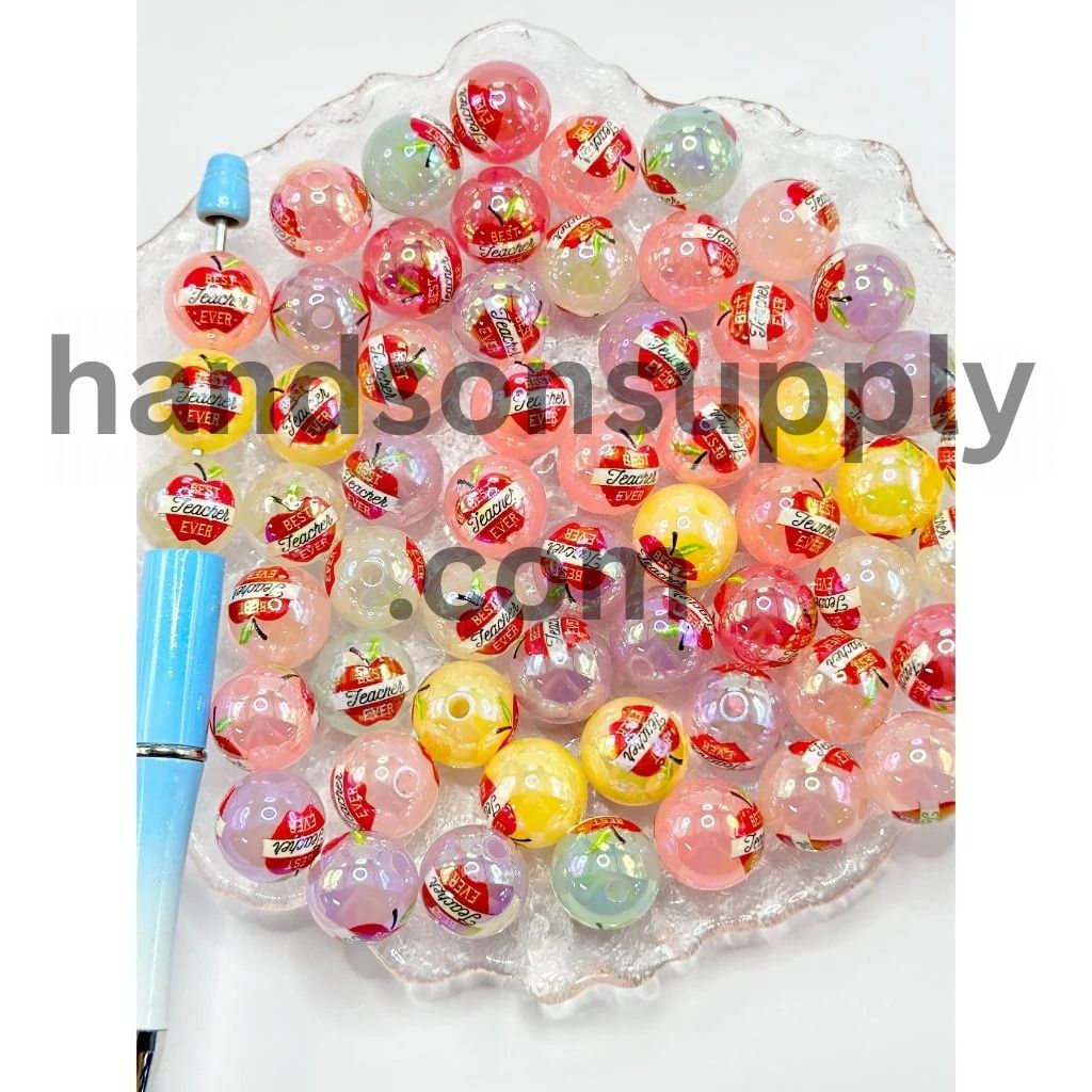 Round Best Teacher Ever Jelly Color Acrylic Beads, Random Mix, 16MM