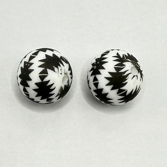Checkered Black White Pattern Round Printed Silicone Beads 15mm