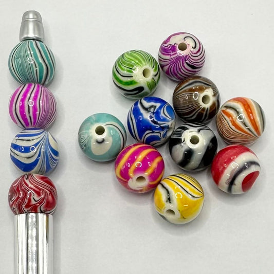 Round Swirl Glazed Striped Acrylic Beads 16mm Random Mix
