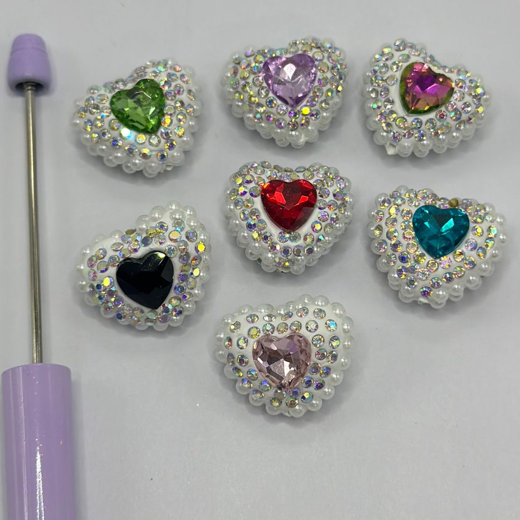 White Heart-Shaped Clay Beads with Large Rhinestone and Flatback Pearls 20*24mm