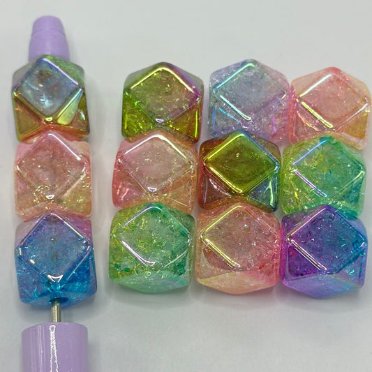 UV Finish Crackle Rainbow Acrylic Beads with Hexagon Multicolor Ombre 14*15.5 mm Random Mix