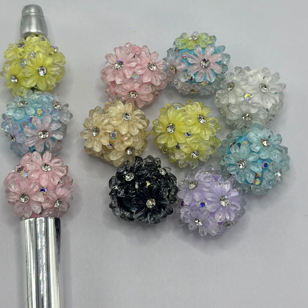Floral Clay Beads with Clear Rhinestones, Transparent Flowers 18mm Random Mix