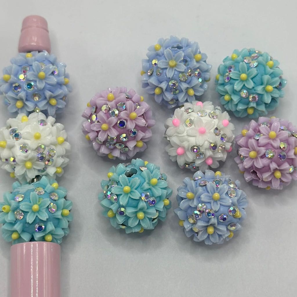 Floral Clay Beads with AB Rhinestones, Yellow Pistil and Flowers 18mm Random Mix
