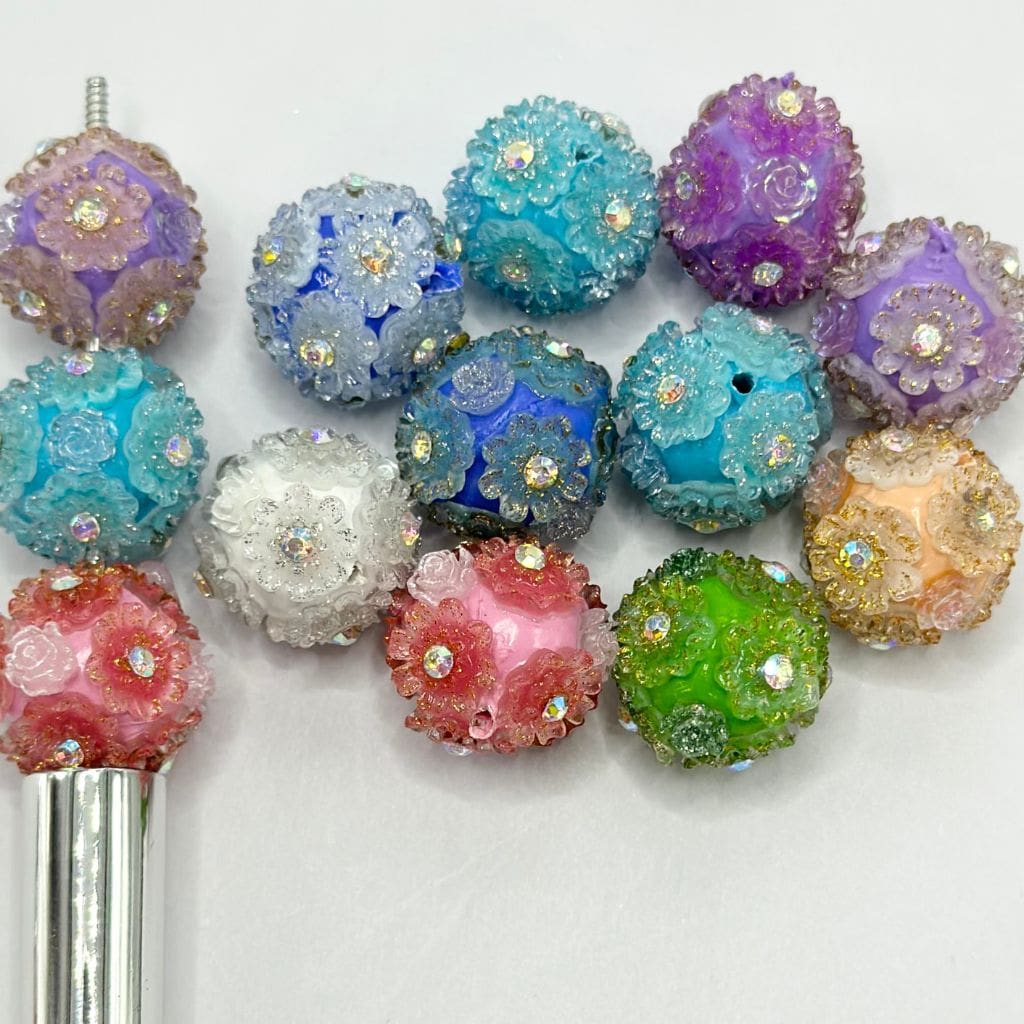 Round Fancy Clay Beads with Gold and Silver Glittery Flowers, AB Color Rhinestones 18mm Random Mix