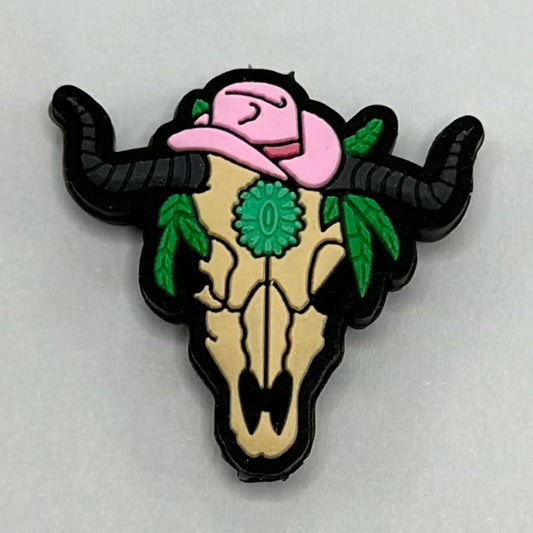 Buffalo Skull with Aztec Print Pink Cowboy Hat Silicone Focal Beads