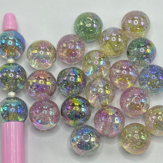 UV Finish Glittery Acrylic Beads with Glossy Clear Semi Transparent See through Round Shape 16mm