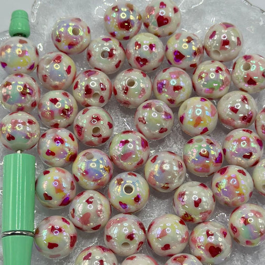 Multicolor Acrylic Beads with Heart Print Glossy Round Shape Love 16mm
