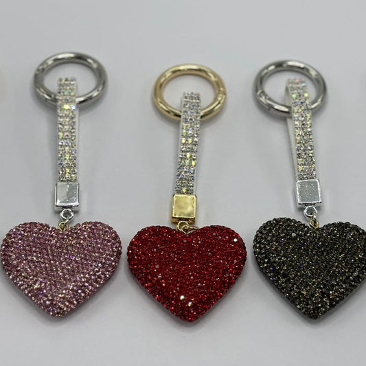 Keychain Tassel with Large Heart Clay Charms and Rhinestones, Keyring Clasp with Closure