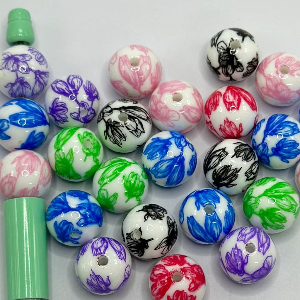 Flower Design Floral with White Background Acrylic Beads 16mm