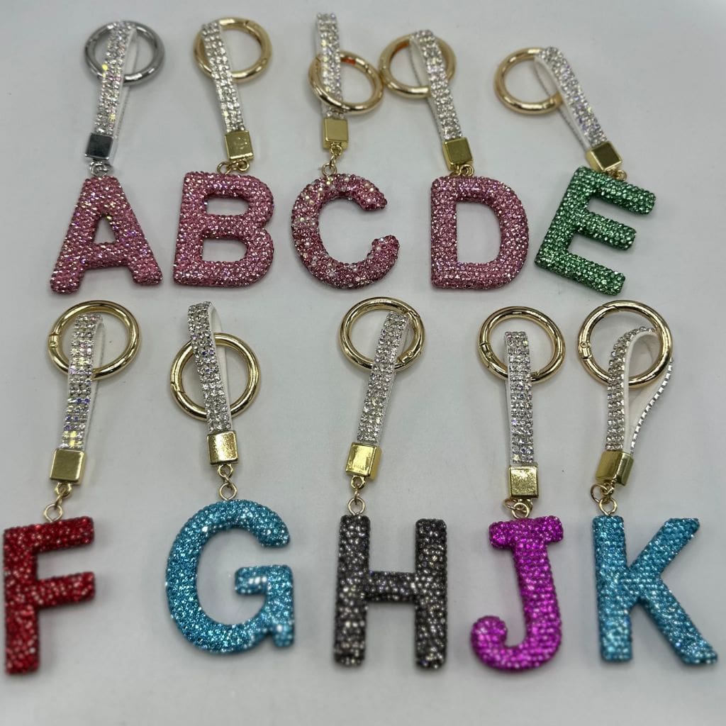 Large Clay Initial Letter Keychain with Rhinestone Tassels and Closure, Keyring Holder Strap, Random Mix Read Description