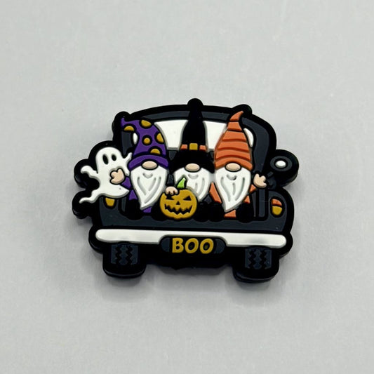 Ghost  and Gnomes Driving a Boo Plated Halloween Car Silicone Focal Beads