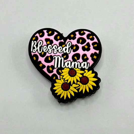 Jaguar Print Blessed Mama Pink Heart with Sunflower Silicone Focal Beads