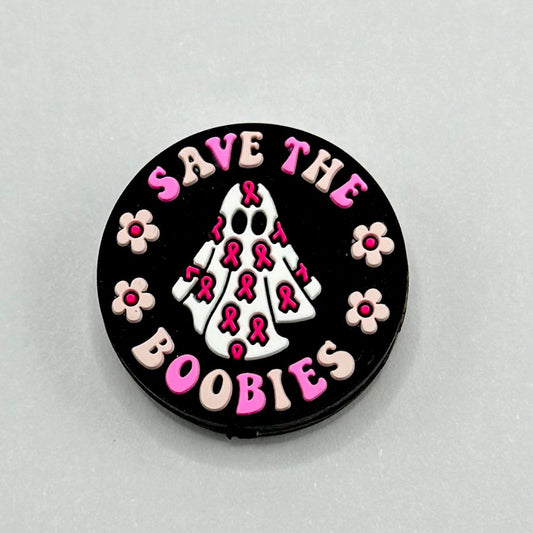 Save the Boobies, Breast Cancer Ribbon Bowtie, Round Silicone Focal Beads