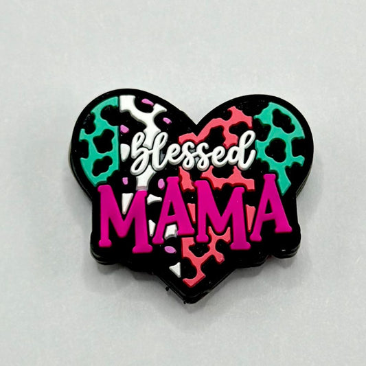 Colorful Heart, Blessed Mama in Multicolor Jaguar Print Stripes Silicone Focal Beads