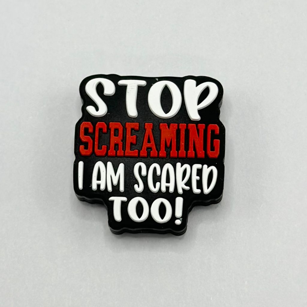 Red and White Text ''Stop Horror Movie, I'm Scared Too'' Silicone Focal Beads