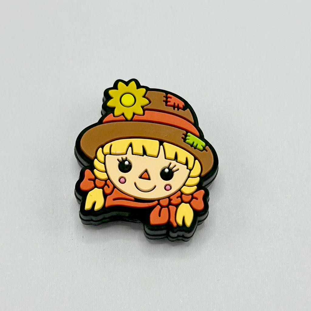 Cute Scarecrow Girl Silicone Focal Beads Wearing Brown Cap with Yellow Flower