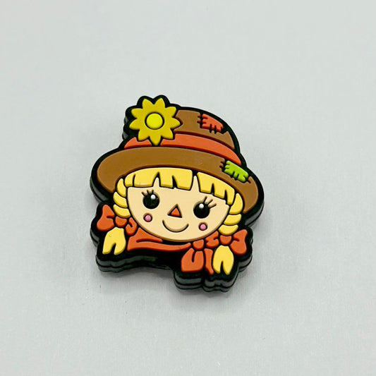 Cute Scarecrow Girl Silicone Focal Beads Wearing Brown Cap with Yellow Flower