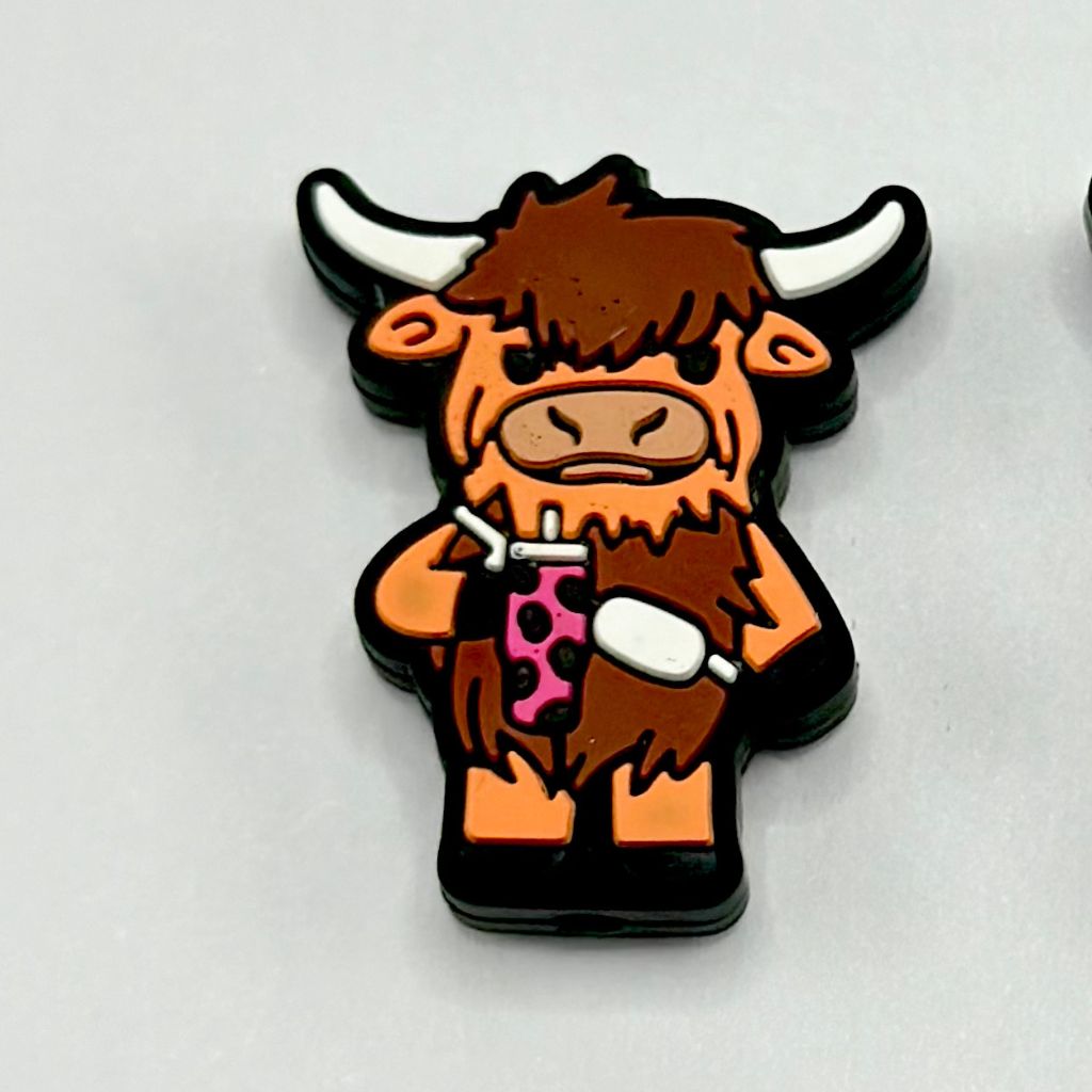 Cow Print Tumbler Coffee with Brown and Pink Highland Cow Calves Silicone Focal Beads