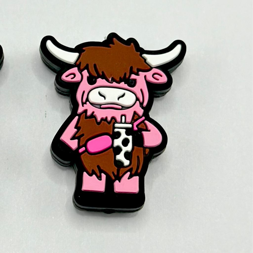 Cow Print Tumbler Coffee with Brown and Pink Highland Cow Calves Silicone Focal Beads