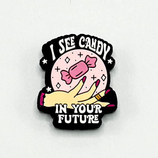 "I See Candy in Your Future" Text Pink Crystal Globe Silicone Focal Beads