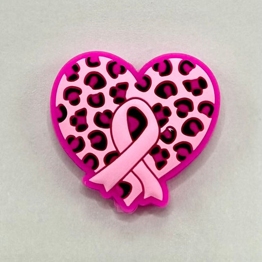 Awareness Ribbon Breast Cancer with Heart Jaguar Print Silicone Focal Beads