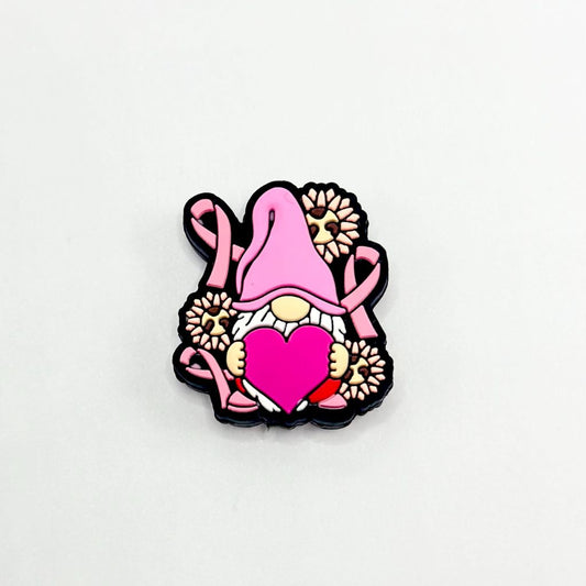 Loving Pink Heart with a Gnome and Breast Cancer Awareness Cap Ribbon Silicone Focal Beads