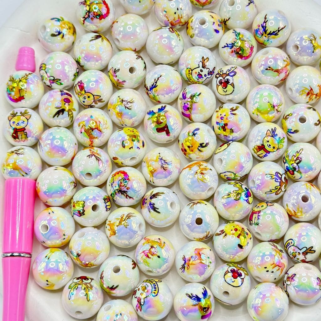 Reindeer Round Cute Christmas Acrylic Beads Random Mix, 16mm