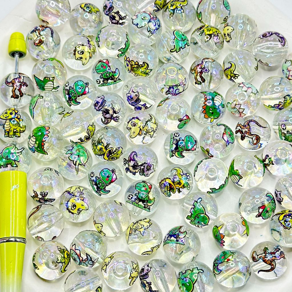 Cute Cartoon Baby Dinosaurs Transparent Round Acrylic Beads 16mm Random Mix