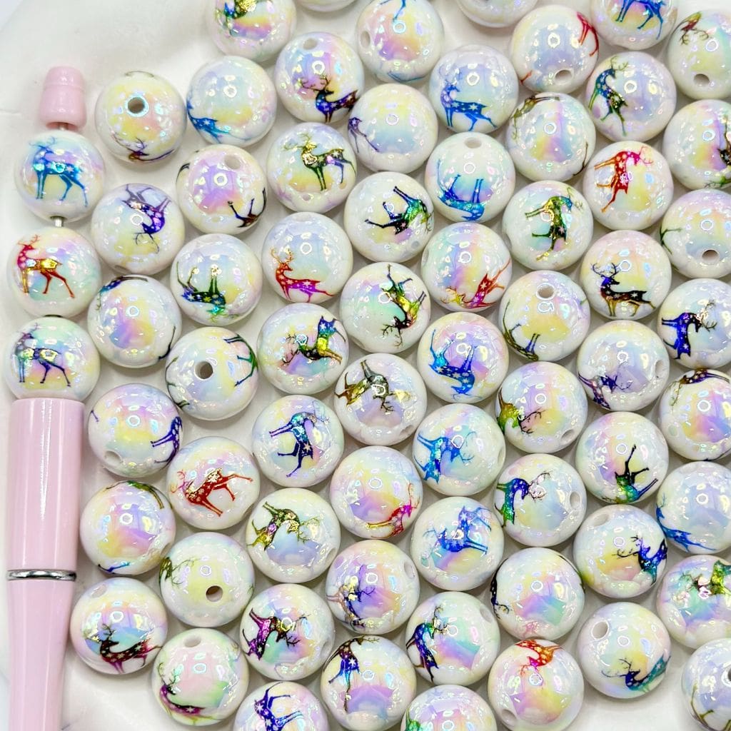 UV Coating Cute Christmas Reindeer Beautiful Round Cartoon Acrylic Beads, 16mm
