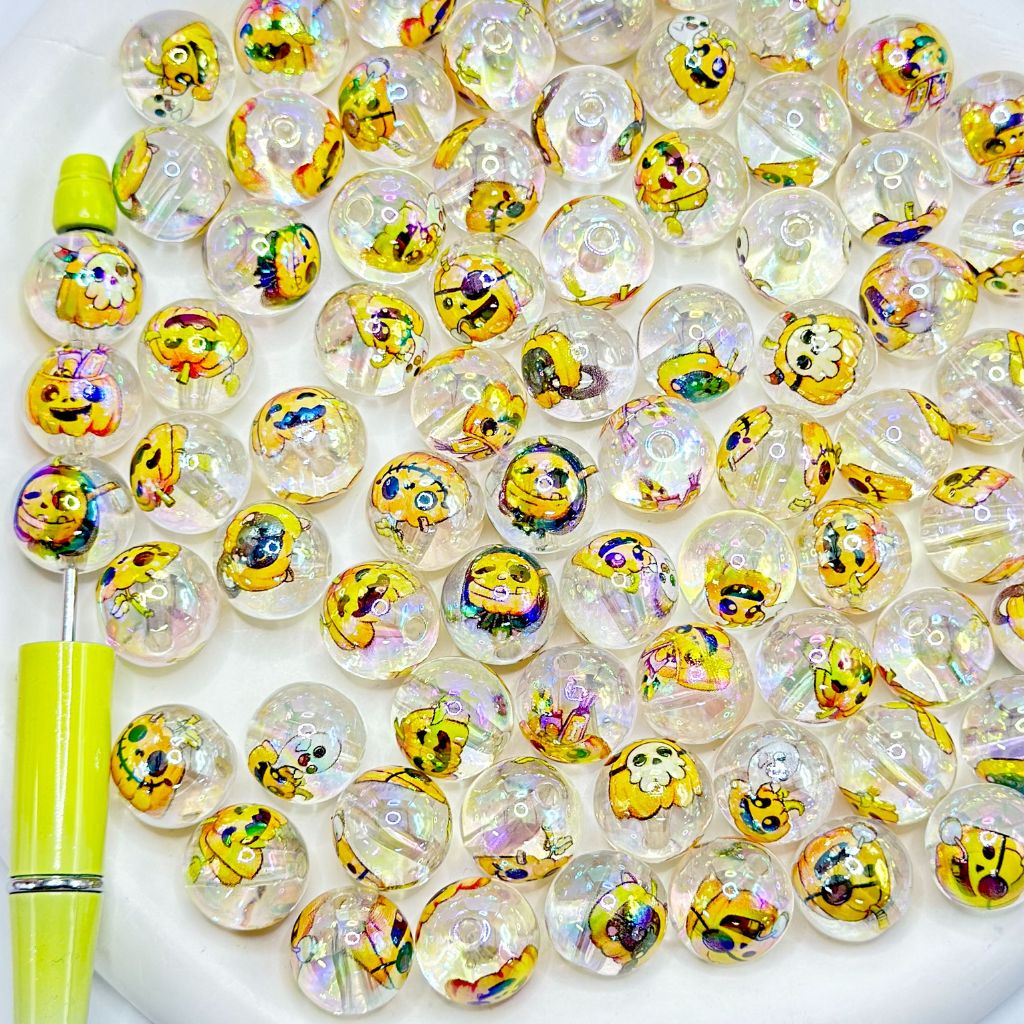 Halloween Pumpkin with Spooky Mask Round Acrylic Beads 16mm Random Mix