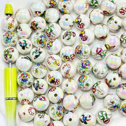 Round Christmas Candycane with Gifts Acrylic Beads, Random Mix, 16mm