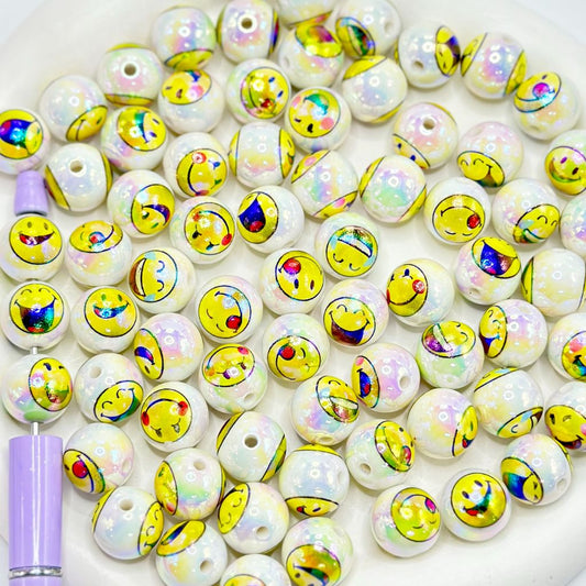 Round Yellow Smiley Happy Faces Acrylic Beads 16mm Random Mix