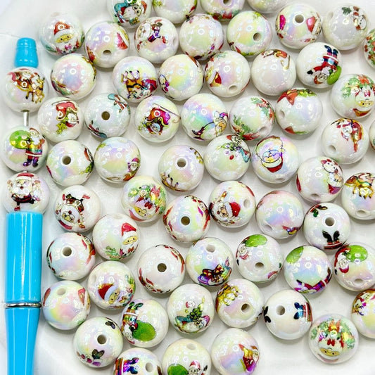 Round Multi-Color Beautiful Christmas Santa Claus Prints White Acrylic Beads, 16mm, Random Mix