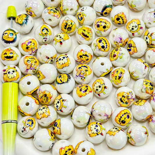 Halloween Pumpkin Cute Spirit Scary Round Acrylic Beads 16mm, Random Mix