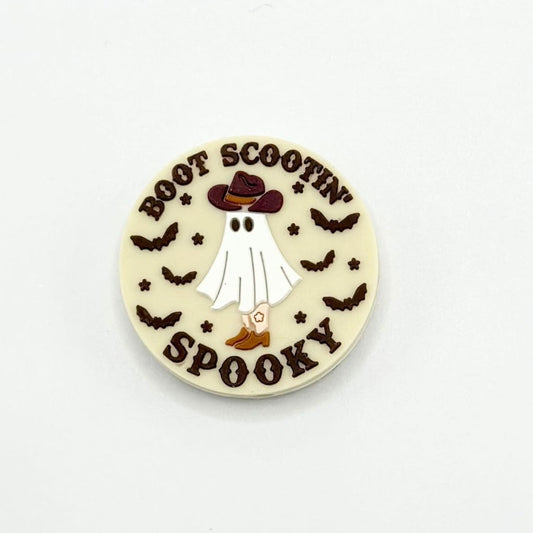 Boot Scootin' Spooky Bat Cowboy Ghost Wearing Hat and Boots, Round Silicone Focal Beads