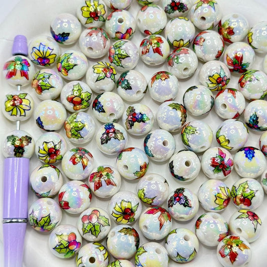 Printed Christmas Ornament Leaves Round Acrylic Beads, Random Mix,16 mm