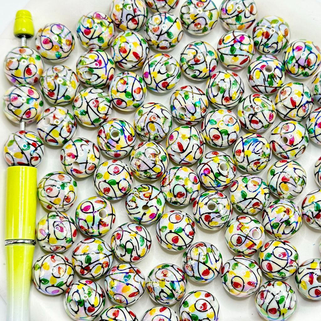 Swirls Flowers Lights Pattern Christmas Round Acrylic Beads 16mm