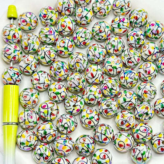 Swirls Flowers Lights Pattern Christmas Round Acrylic Beads 16mm