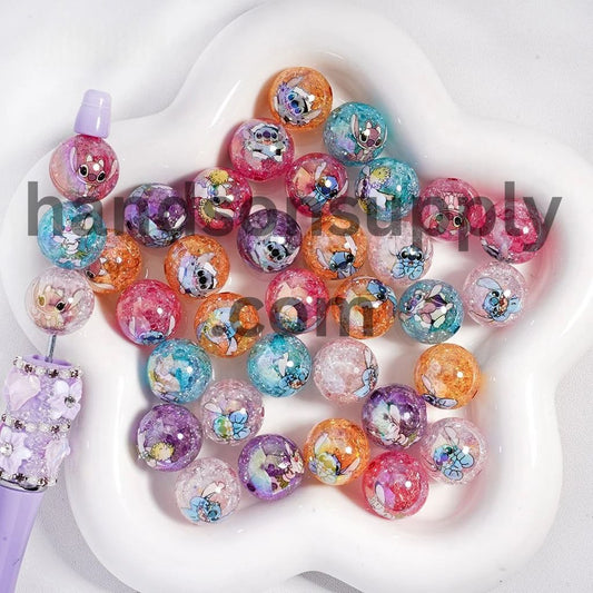 UV Coating Cute Blue Monster Character Prints Acrylic Crackle Beads, 16MM, Random Mix
