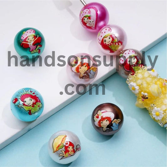 Round Glossy Shiny Raspberry Berry Girl Kiss Design Acrylic Beads, 16MM, Random Mix