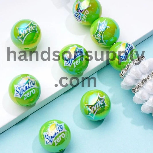 Drink Soda Sprit Green Round UV Coating Acrylic Beads, 16MM, Random Mix