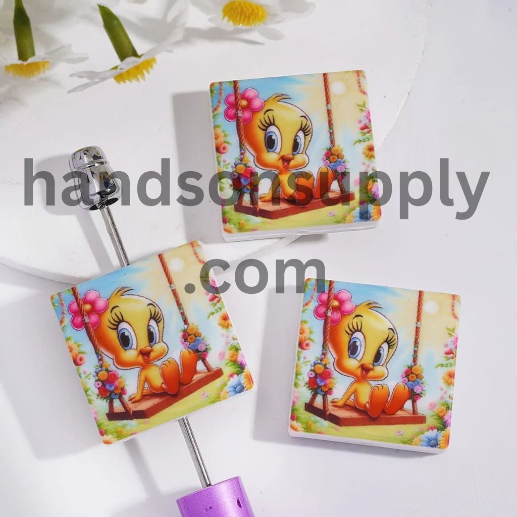 Lively Bird Character Play on Swing Silicone Focal Beads, Flat Square Shape