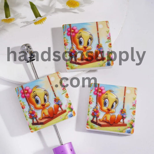 Lively Bird Character Play on Swing Silicone Focal Beads, Flat Square Shape