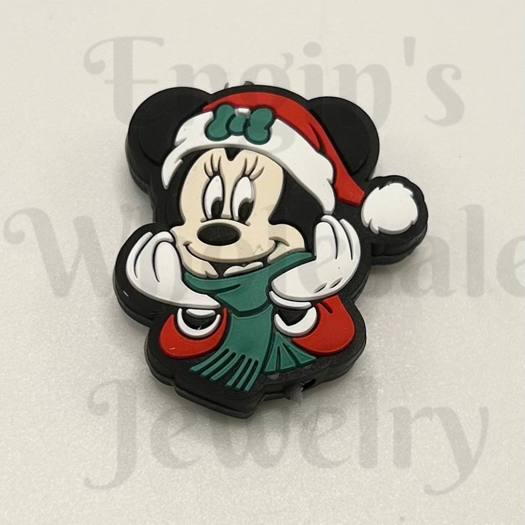 Mickey Mouse character wearing a Santa hat and scarf on a beige background


